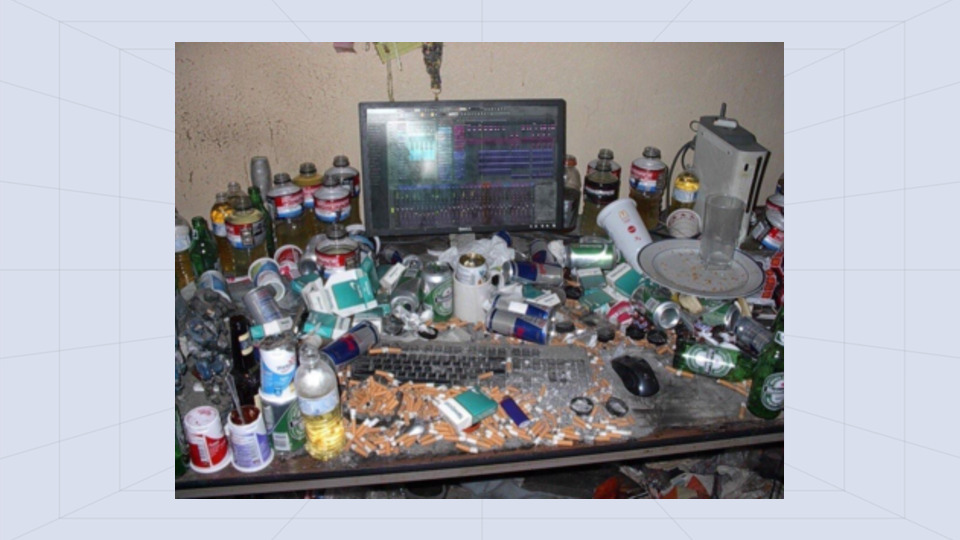 Dirty/Messy Computer Desk with Cigarettes and Trash - AI Memes Template